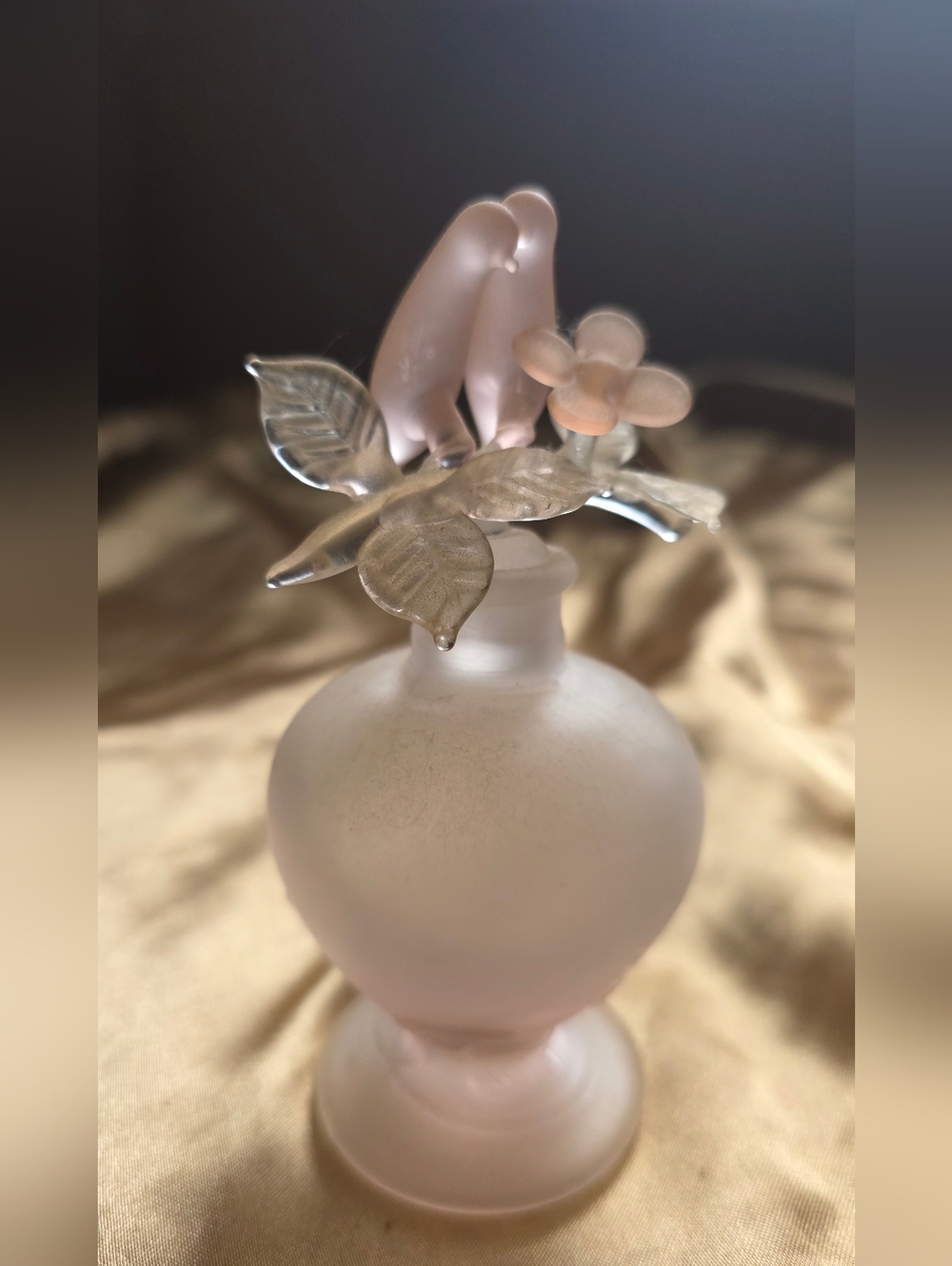Frosted Pink Blown Glass Perfume Bottle, Two Birds On A Flowering Branch Stopper